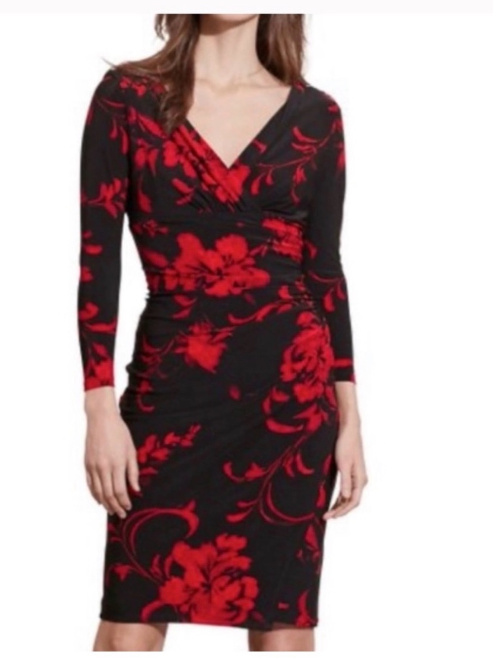 Ralph Lauren Black Ruched Dress with Red Floral Print